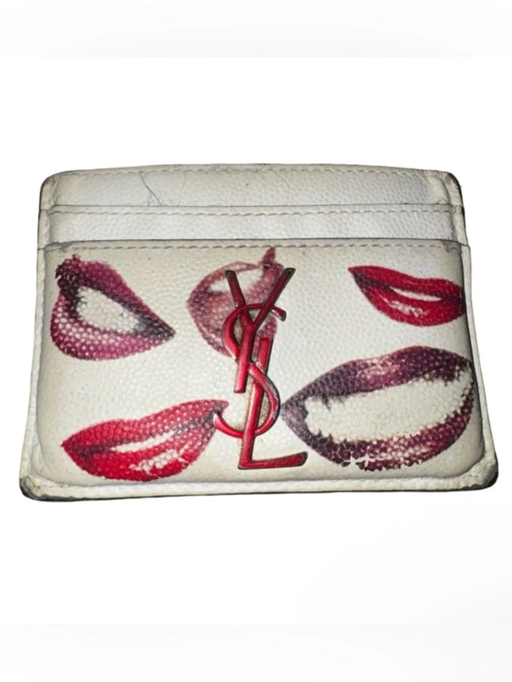 Saint Laurent Grain De Poudre Lips Print Monogram Card Holder White Red - Picture 1 of 5